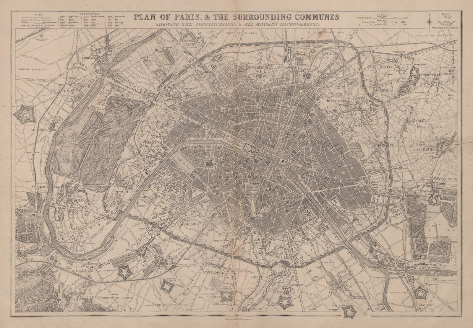 PLAN OF PARIS & SURROUNDING COMMUNES by BR DAVIES. Fortifications 1863 old map